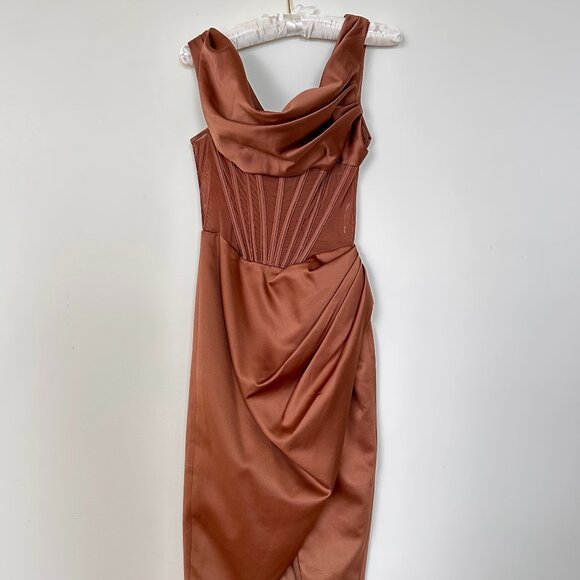House of CB Toffee Asymmetric Drape Midi Corset Dress - Picture 5 of 8